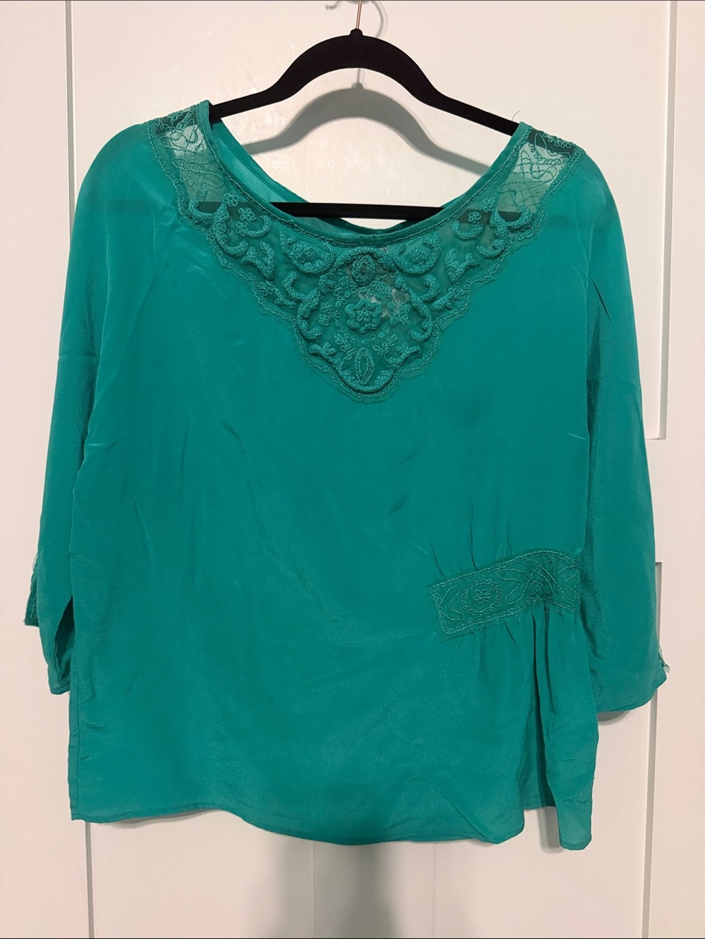 Yoana Baraschi 100% Silk Teal green Lace-Accent Boatneck Vintage Inspired Blouse